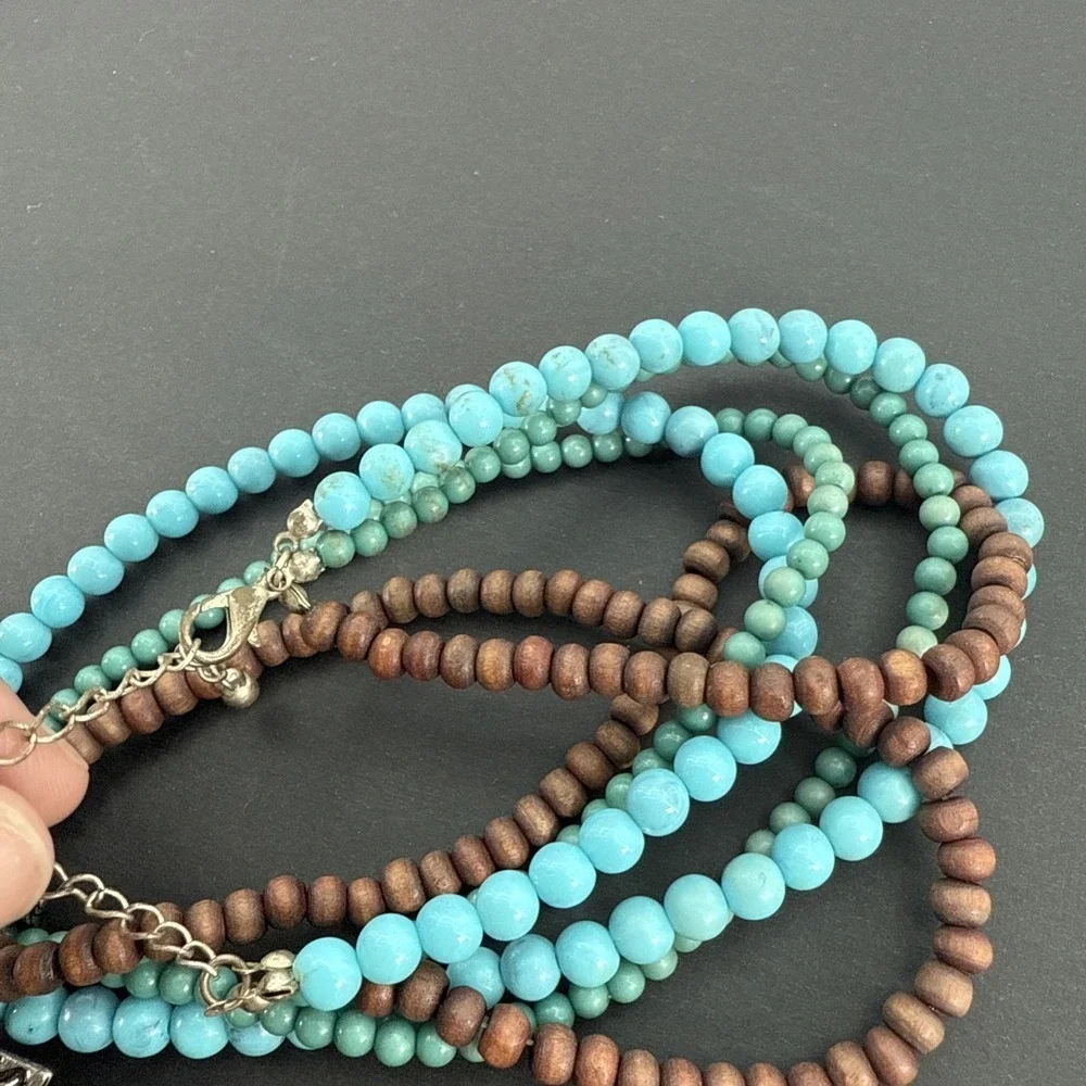 Vintage Southwestern Cross Pendant Necklace Turquoise Tiger Eye Jasper Stones - Picture 9 of 12